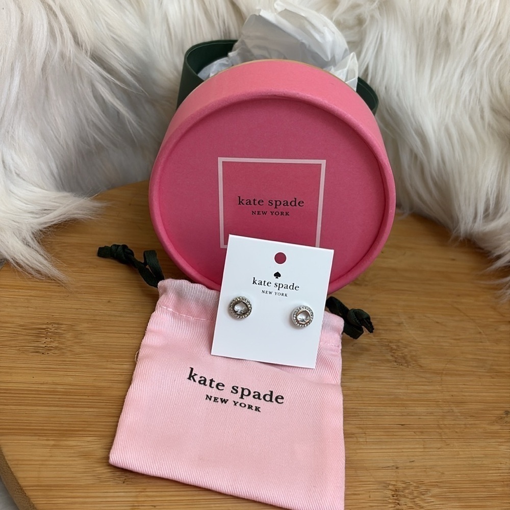 Kate Spade • NWT NIB Silver Spot The Spade Pave Crystal Halo Earrings +Pouch Bag